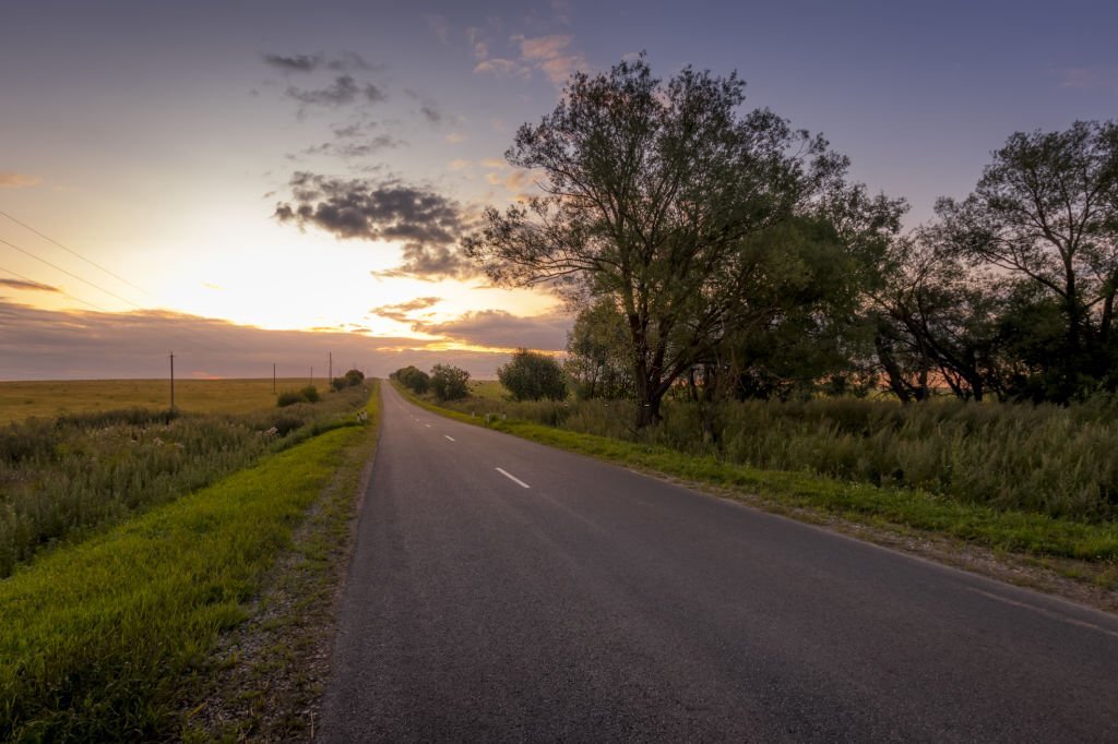 Asphalt road through agricultural fields at sunset on a summer or early autumn evening with a cloudy sky. Landscape.